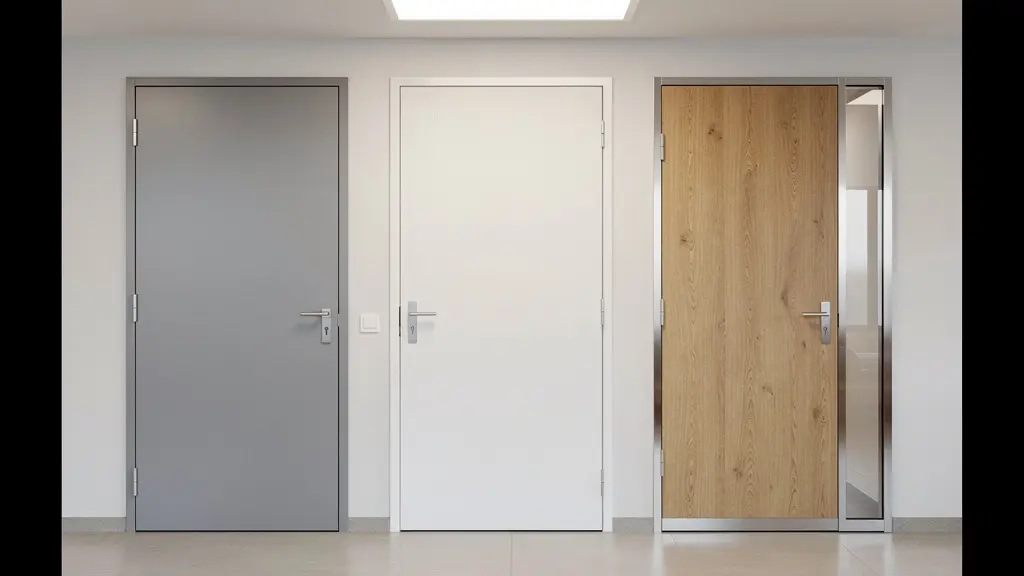 Trois portes d'entrée différentes comparées côte à côte en salle d'exposition