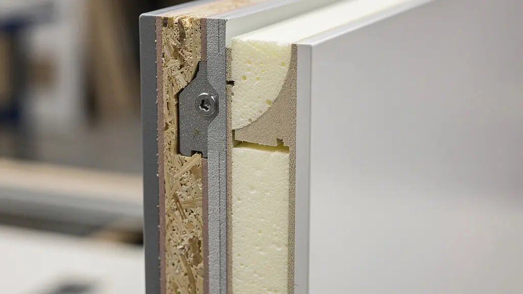 Structure isolation porte entrée avec mousse polyuréthane et rupture pont thermique