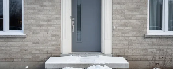 Porte d'entrée moderne résistante aux intempéries sur façade maison québécoise en hiver
