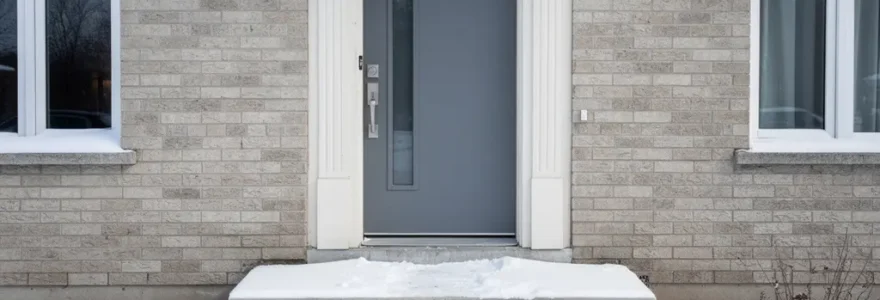 Porte d'entrée moderne résistante aux intempéries sur façade maison québécoise en hiver
