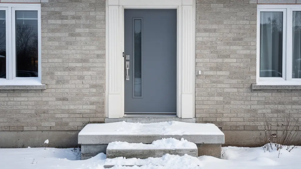 Porte d'entrée moderne résistante aux intempéries sur façade maison québécoise en hiver