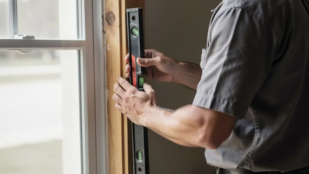 Professionnel inspectant le cadrage d'une porte d'entrée nouvellement installée