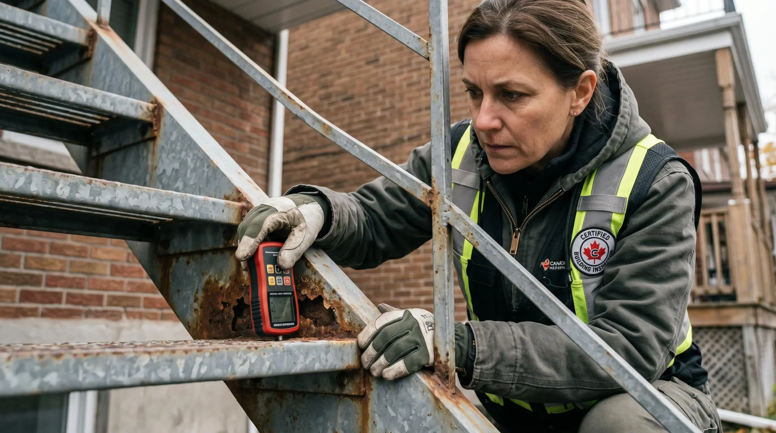 Inspecteur certifié examinant zone de corrosion avancée sur limon d'escalier extérieur en acier, main gantée tenant outil diagnostic près de perforation visible, contexte résidentiel québécois