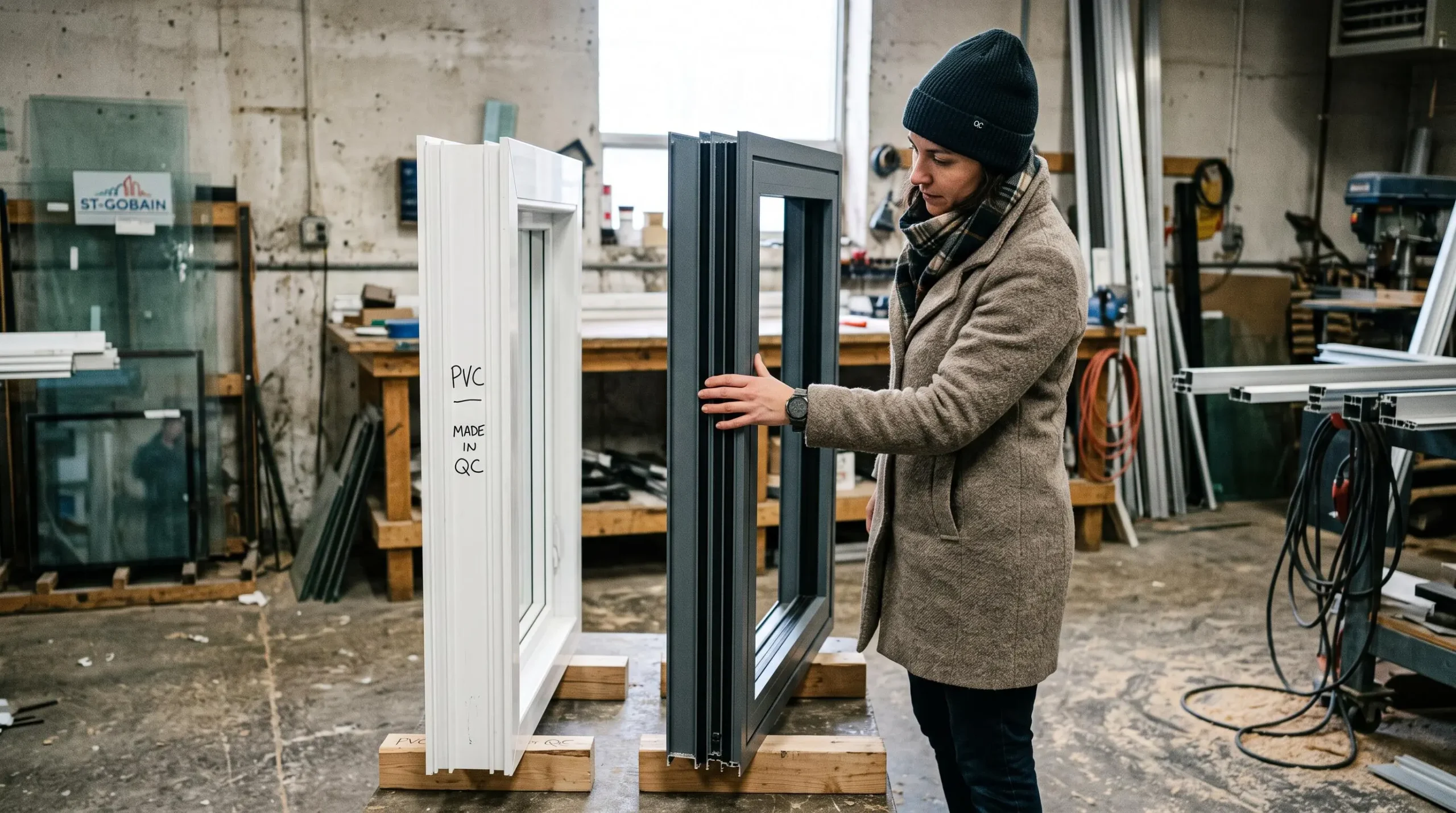 Une femme compare sur un atelier un échantillon de cadre PVC et un profil d'aluminium à rupture de pont thermique.
