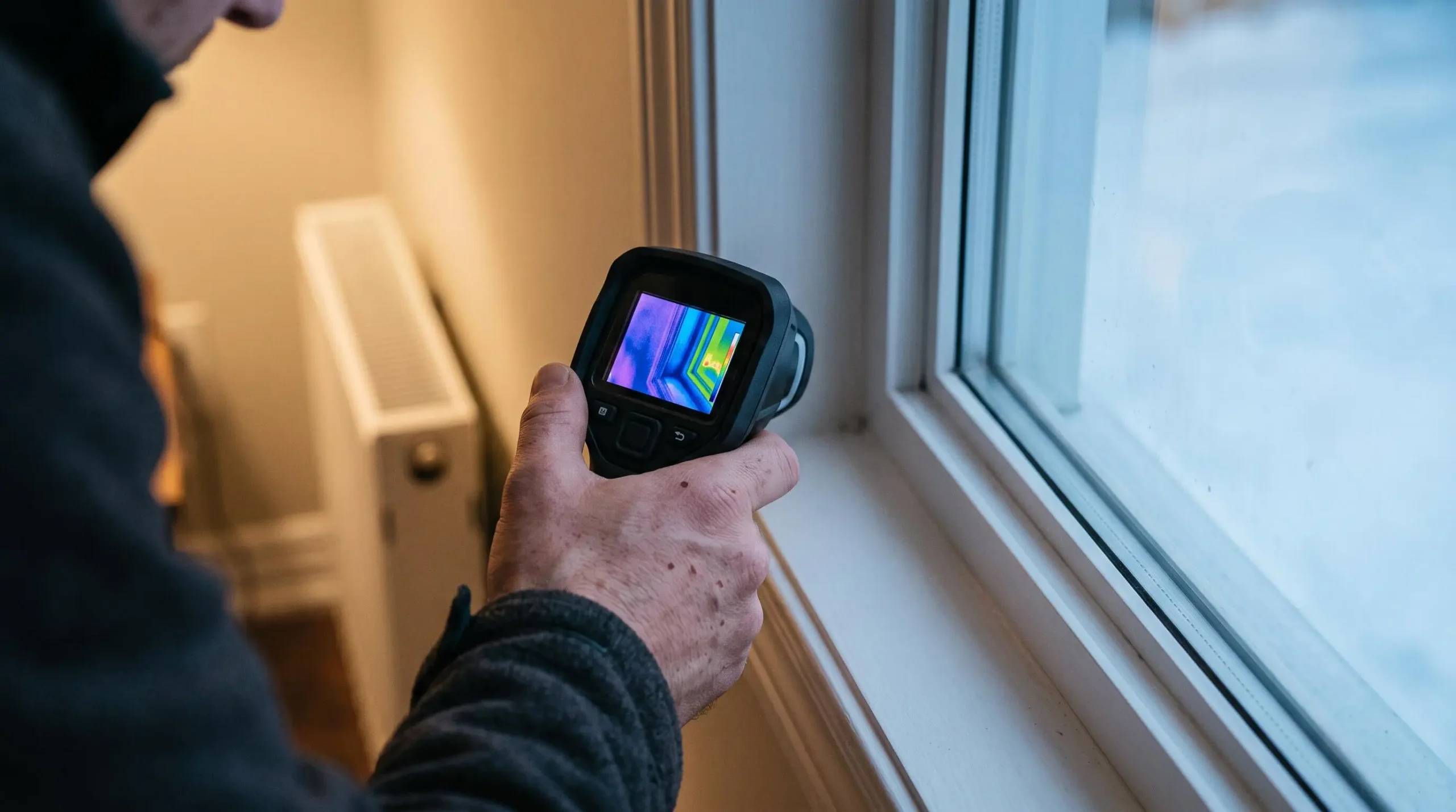 Une main tient une caméra thermique pointée vers le joint entre un cadre de fenêtre et le mur à l'intérieur d'une maison.