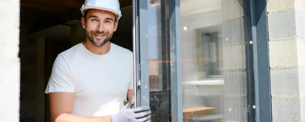 Deux installateurs posent un cadre de fenêtre PVC dans l'ouverture d'une façade de maison à Candiac, en automne.